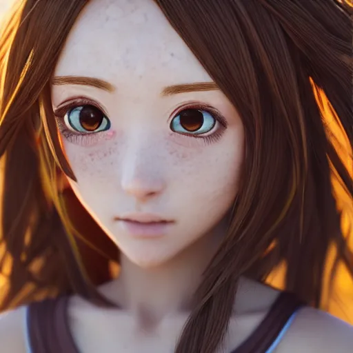 Prompt: portrait of a very beautiful 3d anime girl, long hair, hazel eyes, cute freckles, full round face, short smile, cute sundress, golden hour, serene beach setting, medium shot, mid-shot, highly detailed, trending on Artstation, Unreal Engine 4k