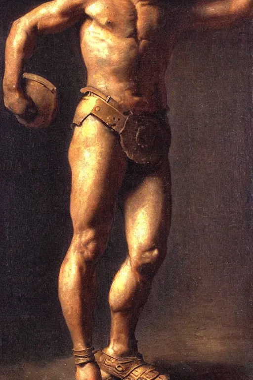 Prompt: spartan warrior, full body dynamic pose. black skin. Oily muscles. thick black beard. oil painting. Rembrandt.