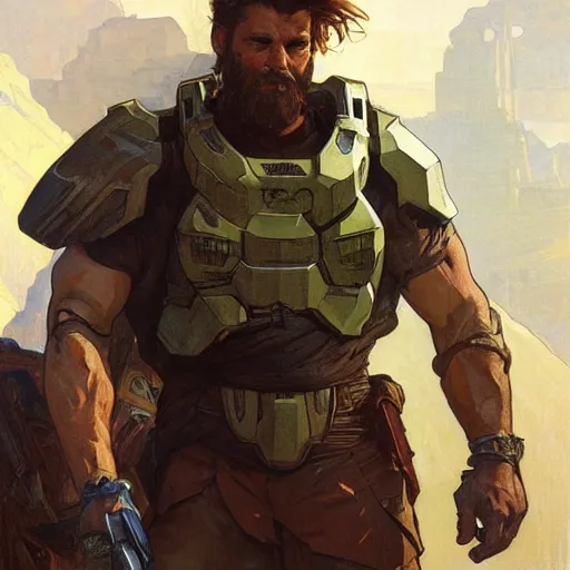 Prompt: portrait of rugged spartan, halo, handsome, fantasy, art by greg rutkowski and alphonse mucha