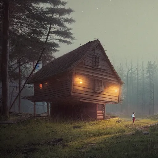 Image similar to woman leaving her wooden broken house by simon stålenhag, very highly detailed, award winning, rendered by Beeple, by Makoto Shinkai, syd meade, starwars, space art concept, digital art, unreal engine, blender, WLOP, trending on artstation, 4K UHD image, octane render