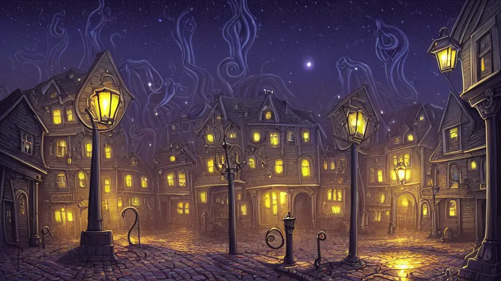 Image similar to empty lovecraftian town square surrounded by houses and inns. lovecraftian city at night by cyril rolando and naomi okubo and dan mumford and ricardo bofill. lovecraft. cobbled streets. oil lamp posts. lovecraftian statues. starry night sky. cthulhu.