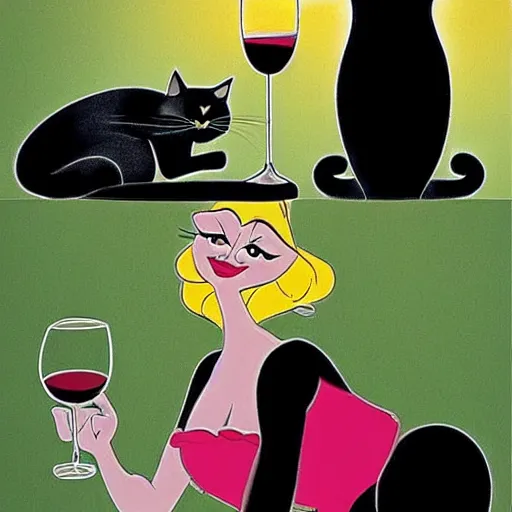 Prompt: A black cat drinking wine in the style of disney