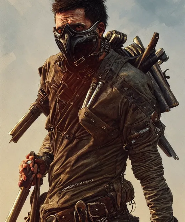 Image similar to a man dressed in mad max clothing, highly detailed, digital painting, artstation, concept art, matte, sharp focus, illustration, art by artgerm and greg rutkowski and alphonse mucha