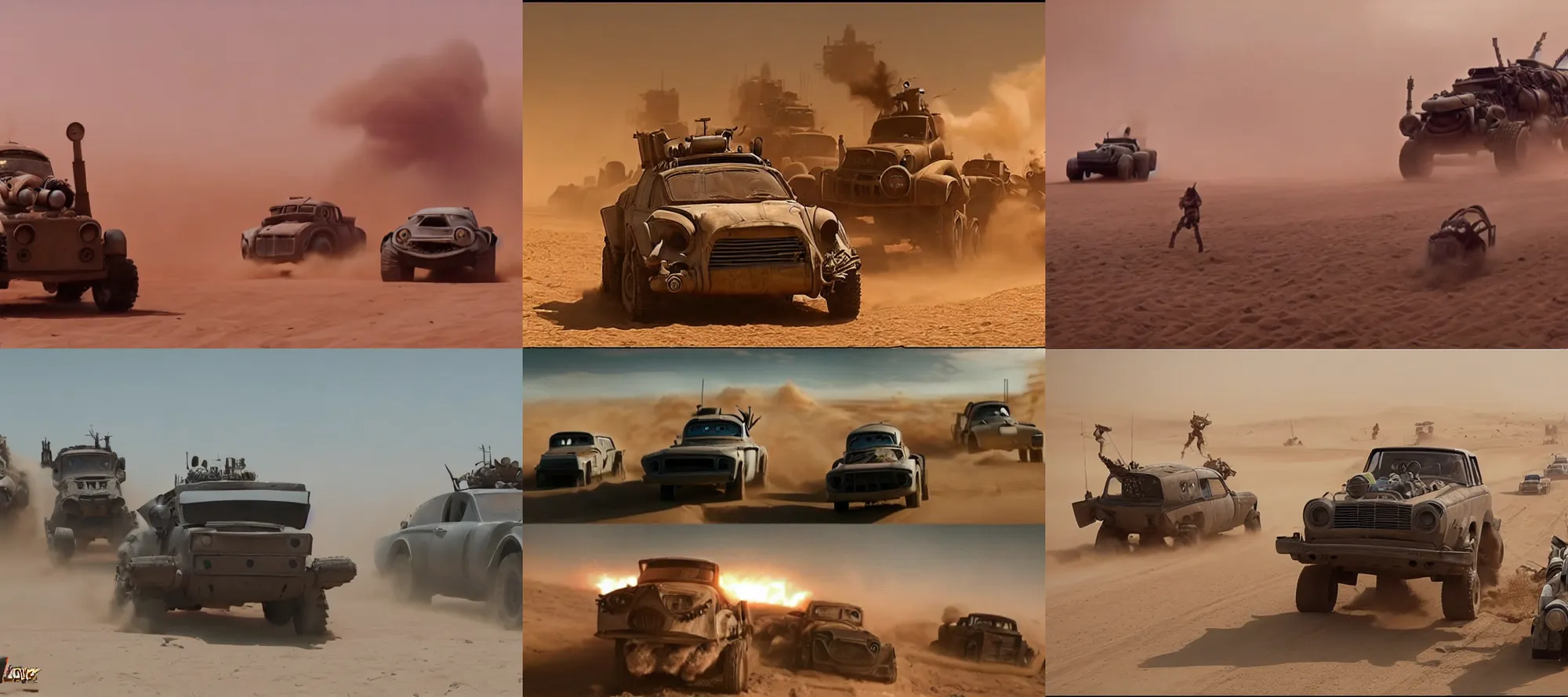 Prompt: epic sandstorm battle, Action, minions robot, mechabot, pixar cars (2006) in the Movie Mad Max: Fury Road (2015)