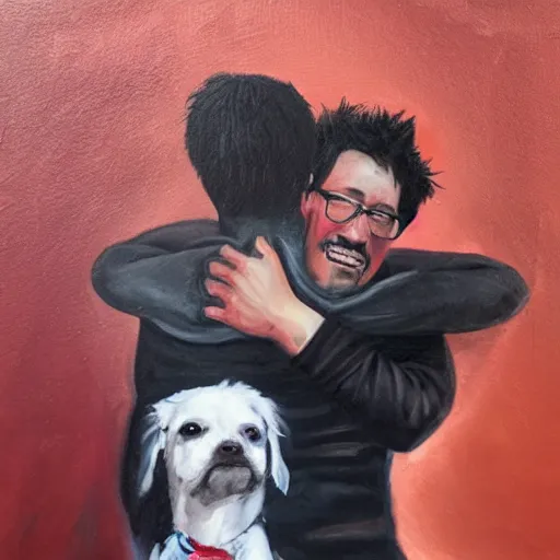 Prompt: Oil painting of weeping Markiplier holding his deceased dog in his arms, Greg Rutkowski, Tragic