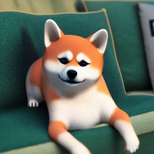 Image similar to a Shiba Inu wearing a green hoodie sitting on a couch, photo, trending on artstation, HDR, nicely detailed, 8k