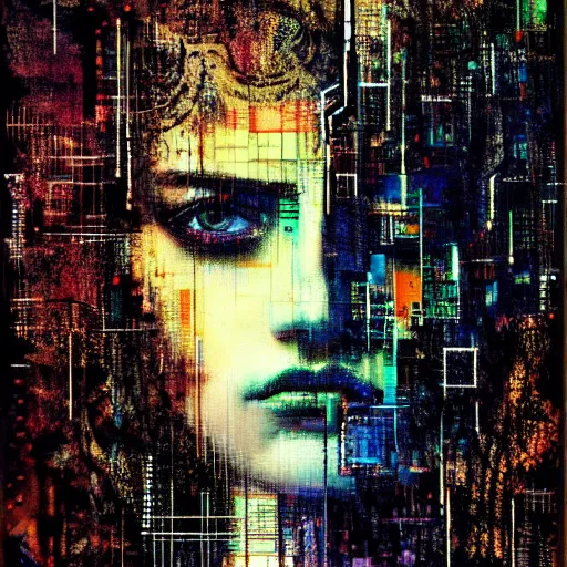 Prompt: portrait of a youthful beautiful women, mysterious, glitch effects over the eyes, sorrow, crying, by Guy Denning, by Johannes Itten, by Russ Mills, centered, hacking effects, bright, chromatic, cyberpunk, light, color blocking, close up, acrylic on canvas, abstract