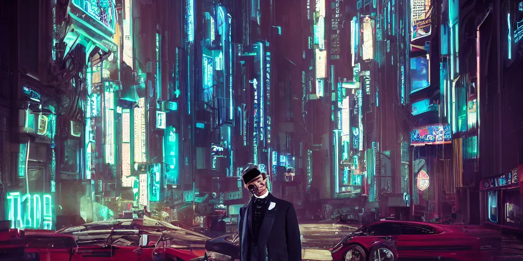 Image similar to man dressed in the directoire style in a cyberpunk city, photograph, cinematic, top down camera, rgb,