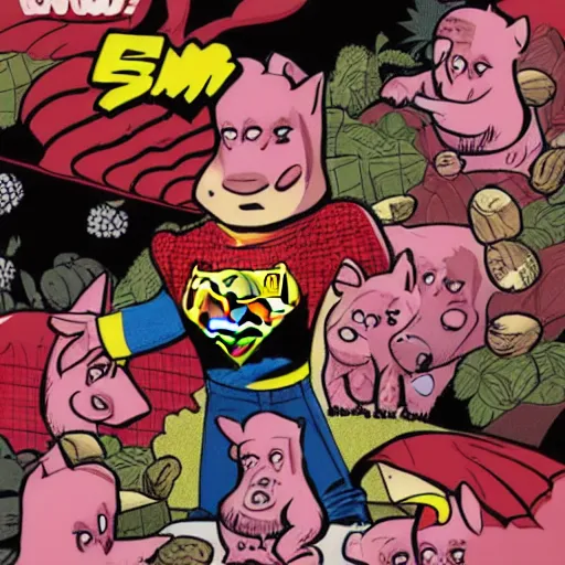 Image similar to comic book cover for the Central Pork Superheroes, pigs, berries, diamonds