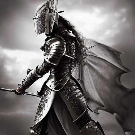 Image similar to a beautiful female knight without any battle experience who only wanted to see a dragon, symmetrical, cinematic, real photography