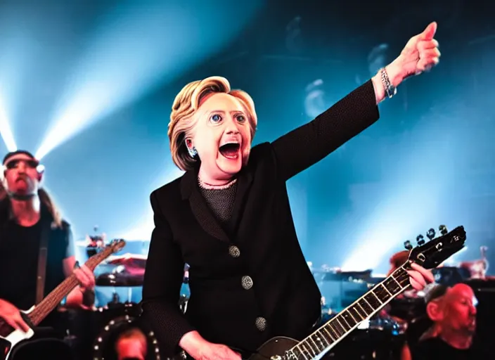 Image similar to publicity photo still of hillary clinton in a death metal band playing live on stage, 8 k, live concert lighting, mid shot