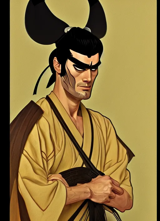 Image similar to oil portrait of samurai jack, clean shaven, intricate, elegant, highly detailed, lighting, painting, artstation, smooth, illustration, art by greg rutowski and alphonse mucha