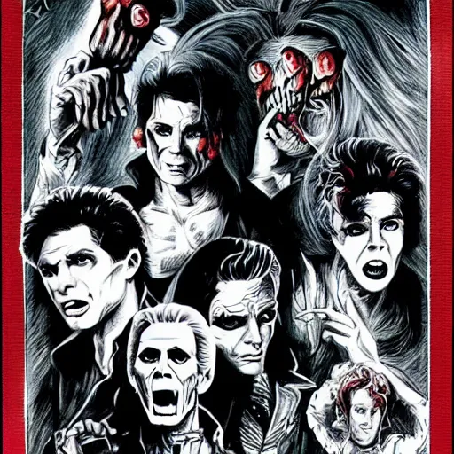Image similar to Fright night inspired art, 1980s horror movie, illustration