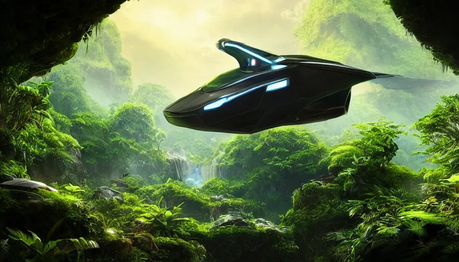 Prompt: a distant futuristic scifi flying car floating in a prehistoric jungle cave, lush flora, waterfall, sunset, hazy, volumetric lighting, rtx on, photorealistic render, great composition, very detailed