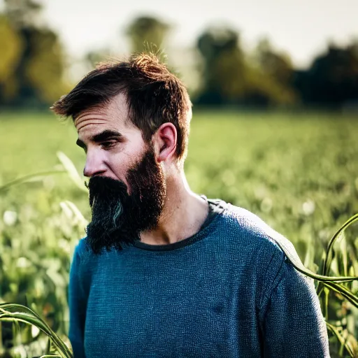 Image similar to A man intensely smelling gras, XF IQ4, 150MP, 50mm, F1.4, ISO 200, 1/160s, natural light