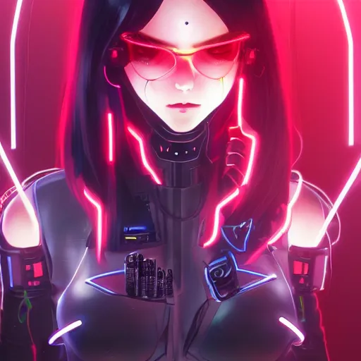 Image similar to digital anime in the style of arcane a cyborg - girl hacking into reality, black red long hair!, biomechanical details, neon background lighting, full body, medium sensor, 8 0 mm, reflections, wlop, ilya kuvshinov, artgerm