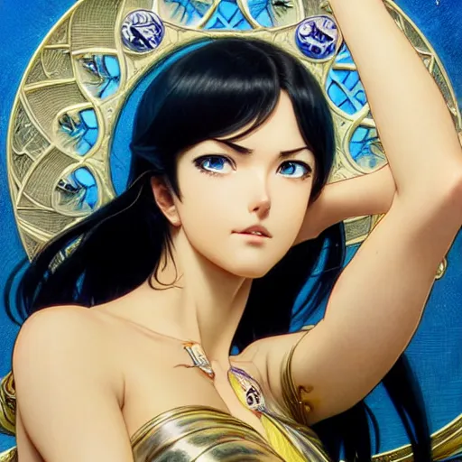 Image similar to highly detailed vfx portrait of nico robin by eiichiro oda!, makoto shinkai, alphonse mucha, msterpriece, art by artgerm and greg rutkowski!, blue eyes!!, large aquiline nose!!, gaston bussiere, stanley kubrick, kaoru mori, intricately detailed, behance, 4 k, hdr