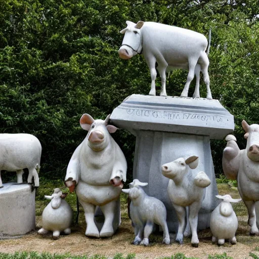 Image similar to statues of a pig, a cow, a horse, a chicken and a sheep