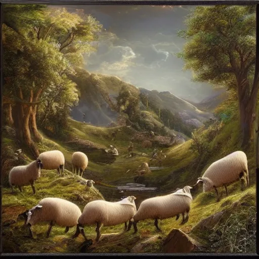 Image similar to 3 sheep, beautiful nature scene, intricate, hyper detailed