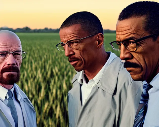 Prompt: extreme long shot of walter white and gustavo fring stand facing each other from a distance in a wheat field, low angle, side view, 8 5 mm photograph, 8 k resolution, wide shot, sharp lens