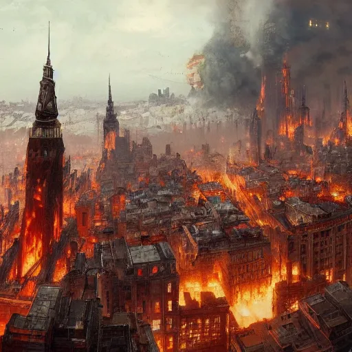 Image similar to Hyper detailed painting of a fantasy city, the city is on fire, smoke rising from the buildings to the skies, pyres on the streets, view from above, by Greg Rutkowski, trending on artstation