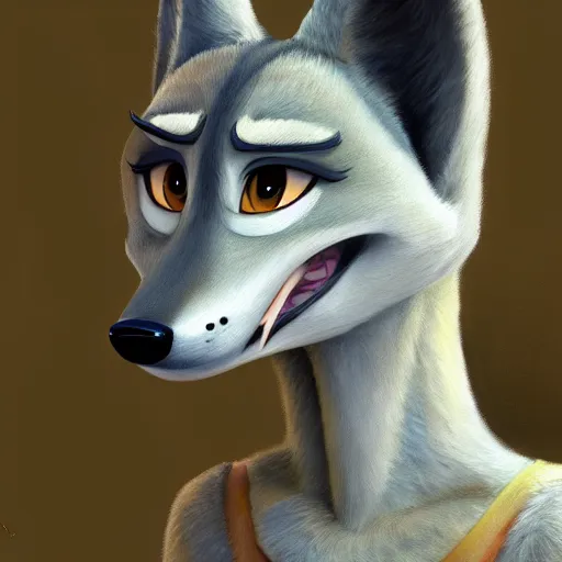 Image similar to oil painting of anthromorphic female wolf, in style of zootopia, female fursona, furry, furaffinity, 4 k, deviantart, furry art, fursona art, wearing black business suit, business suit, wolf fursona, female, very expressive detailed feminine face,