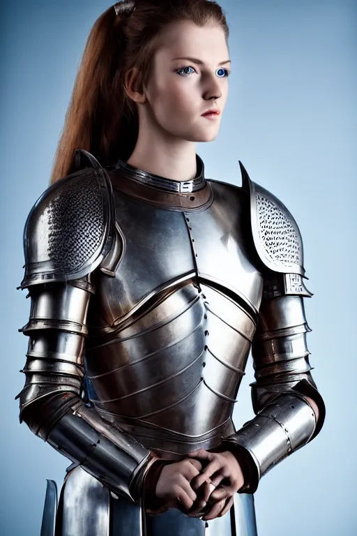 Image similar to female knight, brown hairs, no helmet, blue eyes, armor created by louis vuitton, lv logos, symmetrical, cinematic, elegant, professional studio light, real dlsr photography, sharp focus, 4 k, ultra hd, sense of awe