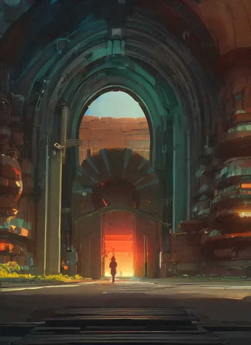 Image similar to warm canyon with giant gate entrance, nuclear powered, detailed, futuristic, cory loftis, james gilleard, atey ghailan, makoto shinkai, goro fujita, studio ghibli, rim light, exquisite lighting, clear focus, very coherent, plain background