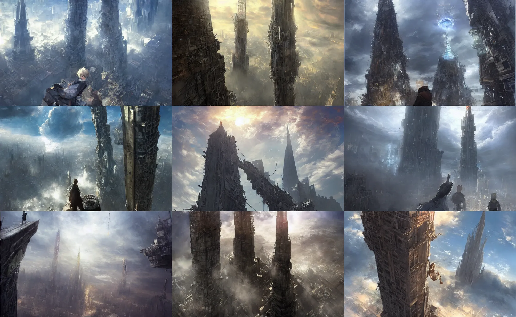 Prompt: resonance of fate tower art, the last guardian skinny towers, looking down from an infinite spire poking out of the thick clouds below, stratosphere, spire connected with rope bridge!!, babel, vertigo, huge distance, by craig mullins, by ruan jia! golden hour, ( ( dr sues ) ), cold, dramatic lighting