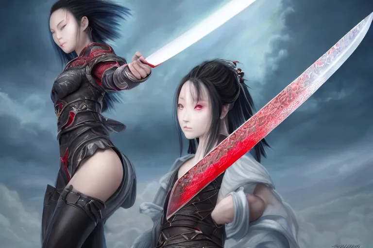 Prompt: beautiful girl holding a red eye imprinted ego sword at the top of clouds, dawn, highlight on the blade, extremely detailed and beautiful aesthetic face, seductive pose, super detailed eyes, highly detailed, digital painting, highlight scene of the movie, smooth, illustration, unreal engine 5, 8 k, art by hiroaki samura and jiro matsumoto and yusuke murata
