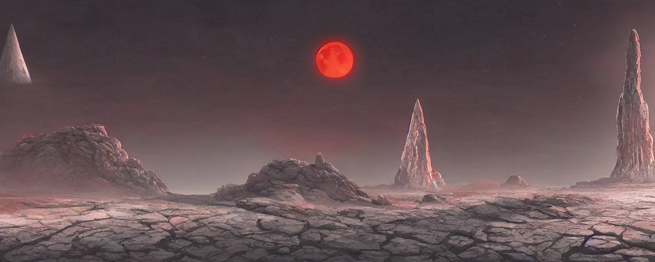 Prompt: very detailed red moon surface with a white tall obelisk in the foreground, dragon flying in the background, by ted nasmith, raphael lacoste, don maitz, stephan martiniere