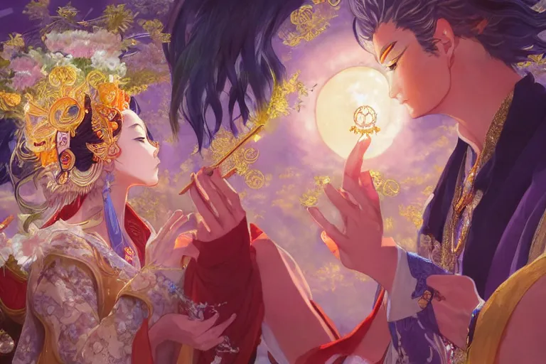 Image similar to close up moment of a divine a japan sun god and a moon goddess lovers magician at a wedding banquet, highly detailed, d & d, fantasy, 4 k realistic, digital painting, trending on artstation, concept art, sharp focus, illustration, art by makoto shinkai and akihiko yoshida and daniel gerhartz