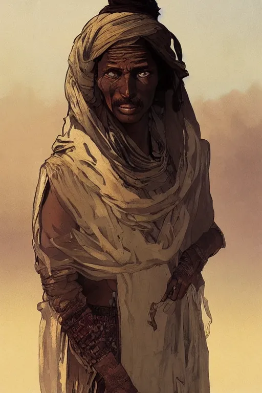 Image similar to a full body portrait of a beautiful post apocalyptic offworld desert bedouin blind beggar by the road, intricate, elegant, highly detailed, digital painting, artstation, concept art, smooth, sharp focus, illustration, art by krenz cushart and artem demura and alphonse mucha