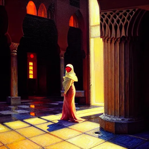 Image similar to detailed face of a woman, moment, courtyard, capital, cyberpunk mosque interior, control panel, watcher, omniscient, tech noir, wet reflections, impressionism, atmospheric, ambient, speed painting, livia prima, edward hopper