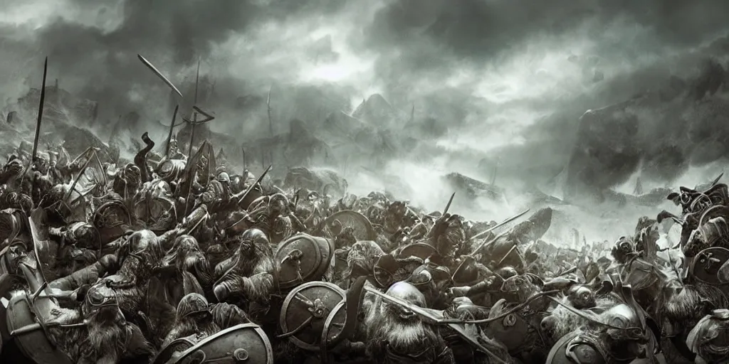 Image similar to an epic viking battle scene, concept art, realistic, detailed, epic scenery, blood