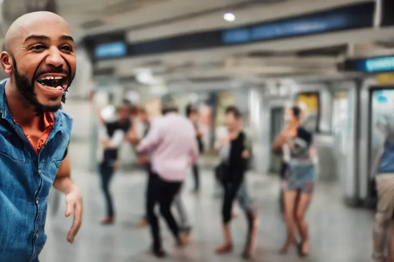 Prompt: a happy guy dancing in the metro selling things, 4k