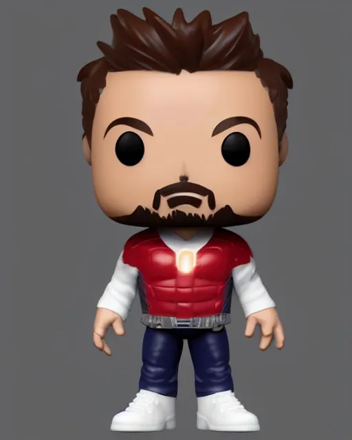 Image similar to full body 3d render of Robert Downey Junior as a funko pop, studio lighting, white background, blender, trending on artstation, 8k, highly detailed