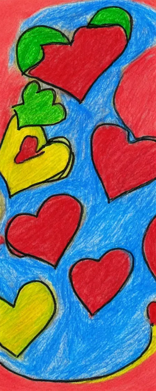 Prompt: a child's awkward crayon drawing of love