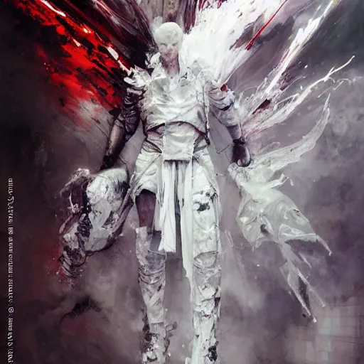 Prompt: a humanoid cyberpunk white dragon wearing a white mage robe by melmoth zdzislaw belsinki craig mullins yoji shinkawa realistic render ominous detailed photo atmospheric by jeremy mann francis bacon and agnes cecile ink drips paint smears digital cyberpunk, realistic anime, dramatic lighting, red light, red highlights