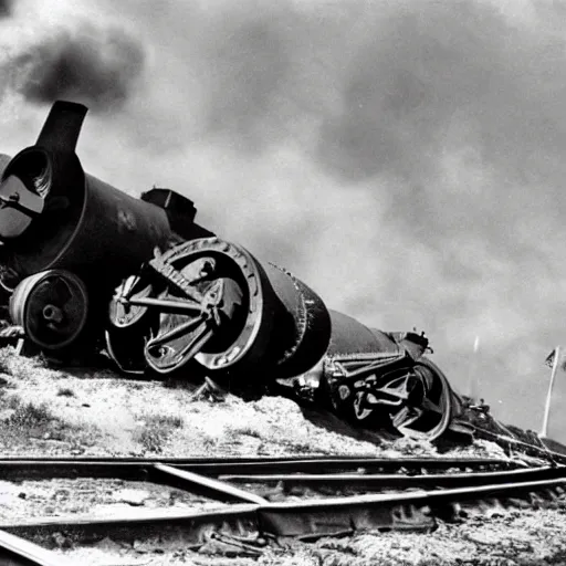 Prompt: WW2 era photograph of a rail artillery with a huge cannon pointed skyward and with Thomas the Tank Engine's face