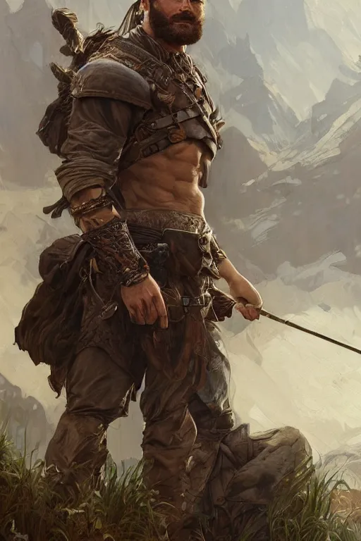 Image similar to portrait of a young rugged ranger, muscular, handsome, upper body, hairy torso, D&D, fantasy, intricate, elegant, highly detailed, digital painting, artstation, concept art, smooth, sharp focus, illustration, art by artgerm and Greg Rutkowski and Alphonse Mucha