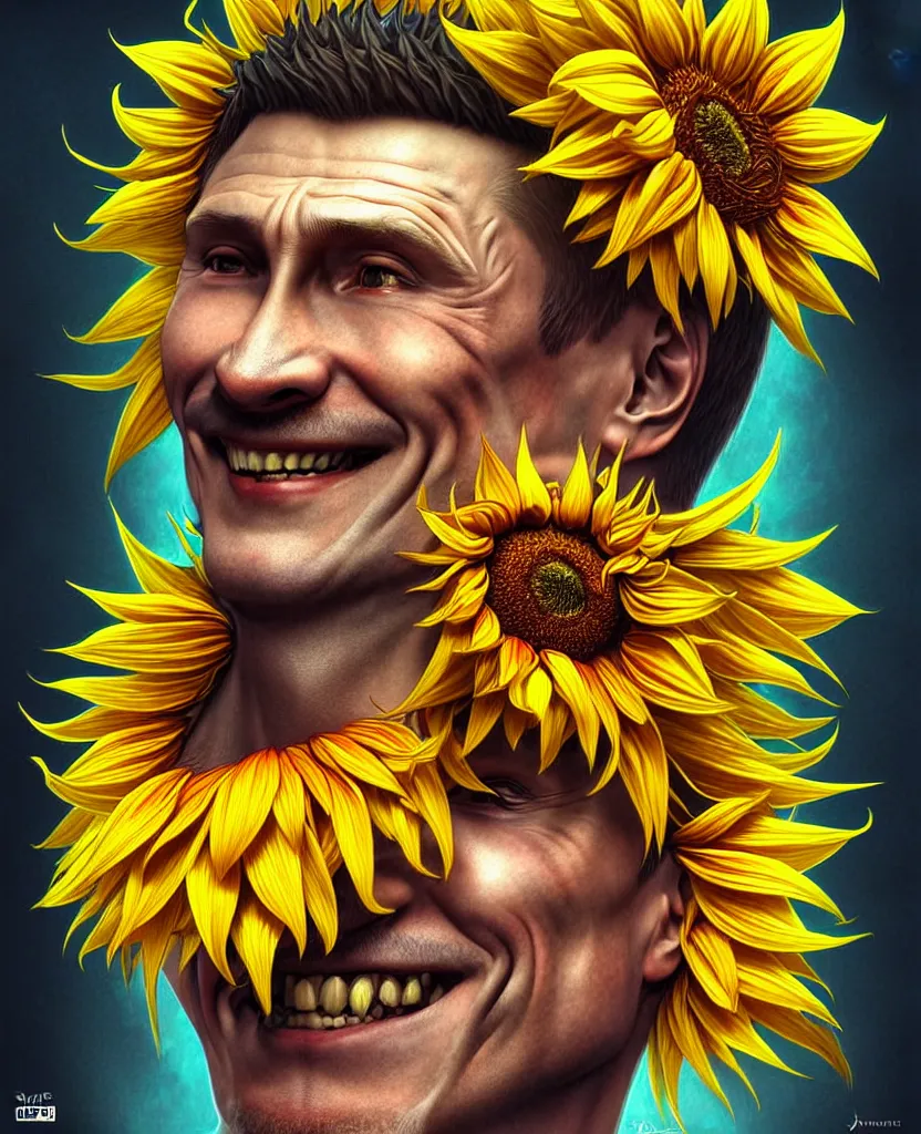 Image similar to digital art, centered full body of Putin smiling king, Sunflower crown, ,intricate, veins, by James Jean and by artgerm , by ross tran ultradetailed, charachter design, concept art, trending on artstation,