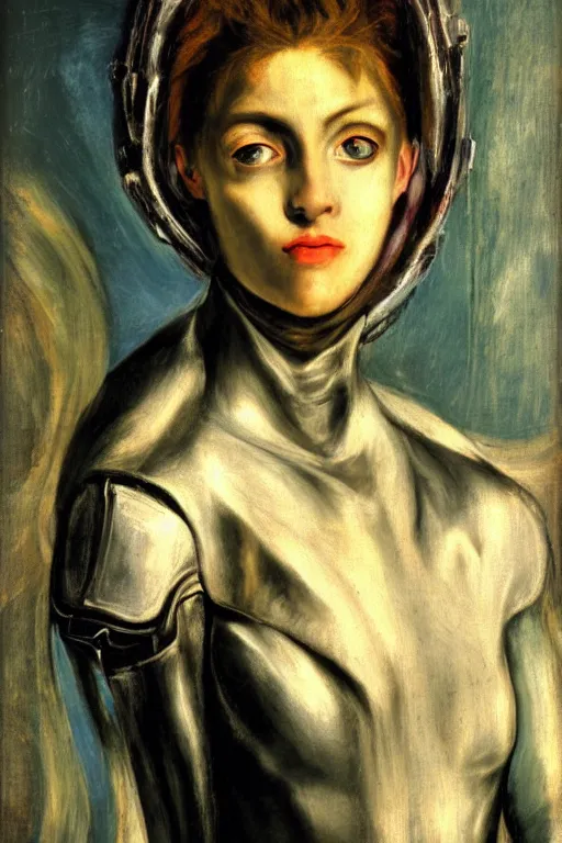 Image similar to a close - up portrait of a cyberpunk cyborg girl, by el greco, rule of thirds