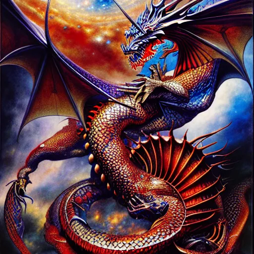 Prompt: uhd hyperrealistic photorealisitc detailed image of cosmic dragon carrying the scales of justice, ayami kojima, amano, karol bak, greg hildebrandt and mark brooks