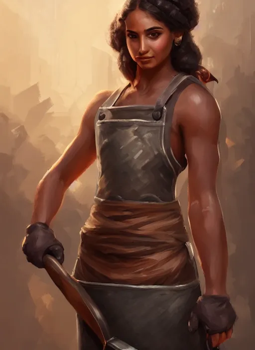 Image similar to a highly detailed illustration of naomi scott as fierce blacksmith woman wearing apron, muscular, dramatic smile pose, intricate, elegant, highly detailed, centered, digital painting, artstation, concept art, smooth, sharp focus, league of legends concept art, wlop.