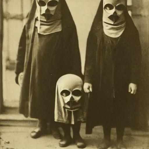 Prompt: portrait of children wearing masks, photograph, style of atget, 1 9 1 0, creepy, dark