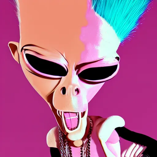 Image similar to a pink punk rock rapper alien with black spiked hair, an airbrush painting by Jamie Hewlett, cgsociety, symbolism, antichrist, aesthetic, 8k