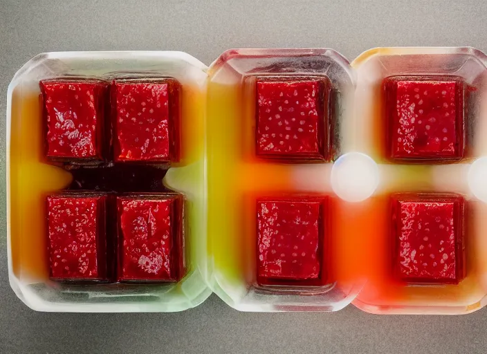 Image similar to dslr food photo still of jello mold with cubes of beef in it, 8 k, 8 5 mm, f 1. 8