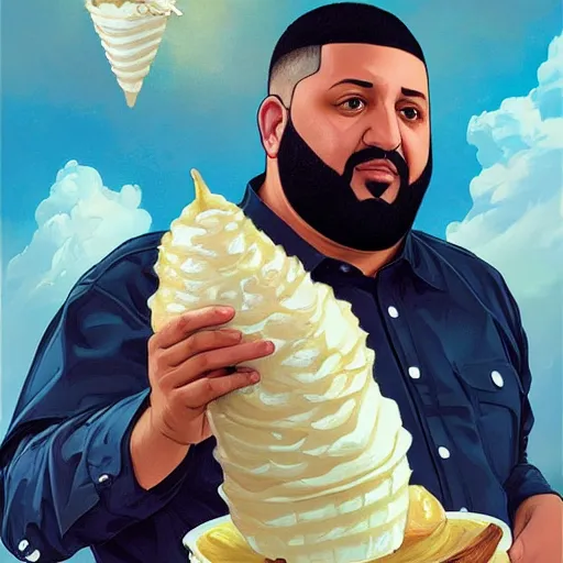 Image similar to portrait of DJ Khaled holding ice cream cone with large scoop of ice cream as a Grand Theft Auto Cover, elegant, intricate, headshot, highly detailed, digital painting, artstation, concept art, sharp focus, illustration, art by artgerm and greg rutkowski and alphonse mucha