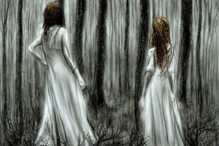 Prompt: mad girl in white dress wandering the woods artwork by ben templesmith